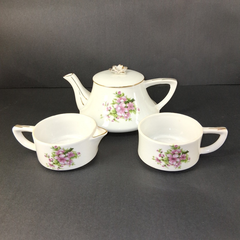 Vintage Floral Teapot Set Creamer Sugar Made in Japan Pink Flowers Gold Trim‎